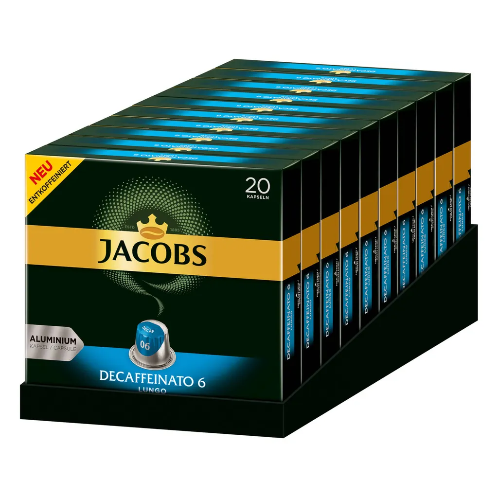 JACOBS Kapseln Decaffeinato 6 Lungo Entkoffeiniert 200 Nespresso®* Kompatibel 3 JACOBS Kapseln Decaffeinato 6 Lungo Entkoffeiniert 200 Nespresso®* Kompatibel