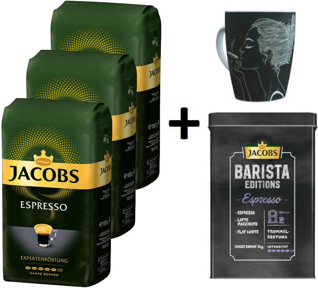 JACOBS Kaffeebohnen Expertenröstung Espresso 3 Kg Ganze Espressobohnen + 1 Jacobs Barista Becher + 1 Dose 2 JACOBS Kaffeebohnen Expertenröstung Espresso 3 Kg Ganze Espressobohnen + 1 Jacobs Barista Becher + 1 Dose