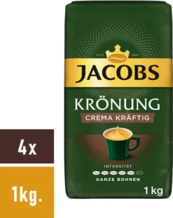JACOBS Kaffeebohnen Krönung Crema Kräftig Bohnenkaffee 4 X 1 Kg Ganze Bohne -Kaffeeprodukte b099e0d4bc70e129e57661aa58f07719
